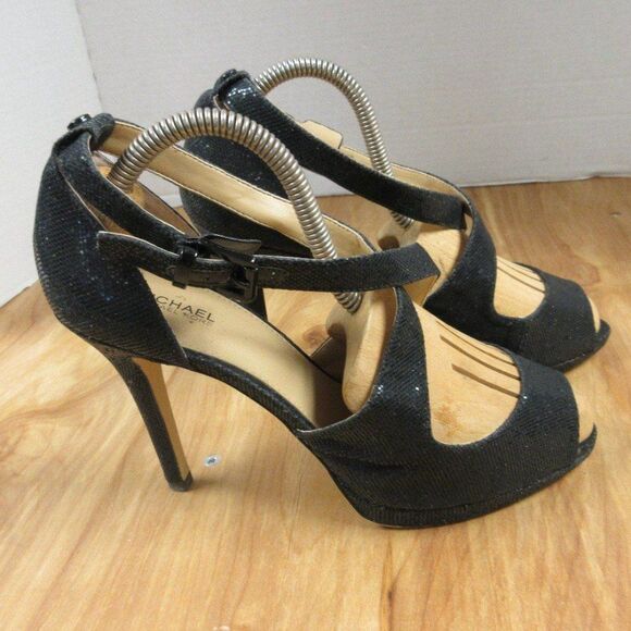 MICHAEL KORS Black Sparkle Strappy Heels Womens Sz 9 Peep Toe Glitter Sandals - Picture 2 of 12